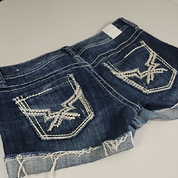 Dark Blue Jean Shorts with Frayed Cudded Hem and Decorative Stitching - Picture 15 of 15